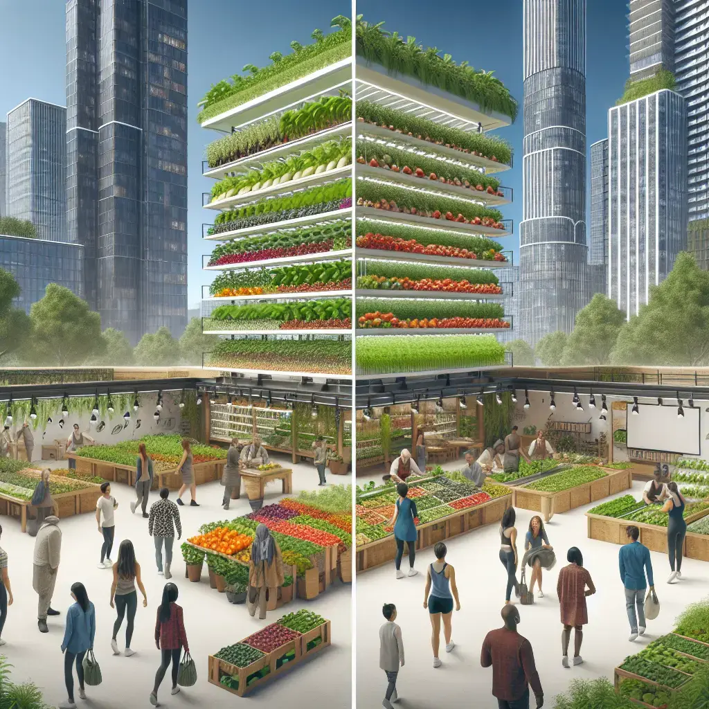 Representation of Beneficios de la agricultura vertical para la salud de la comunidad urbana